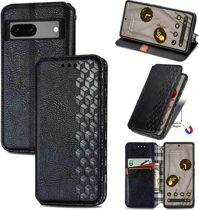 Luxe PU Lederen Ruitpatroon Wallet Case + Glas Screenprotector voor Pixel 7A _ Zwart