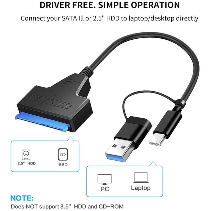 SATA naar USB 3.0/Type-C Adapter Sata Kabel 2,5/3,5 Inch SSD HDD SATA III Harde Schijf met 12V/2A Voedingsadapter gray