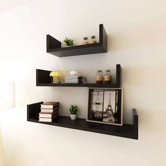 vidaXL - 3 - st - Wandschappen - U-vormig - MDF - zwart