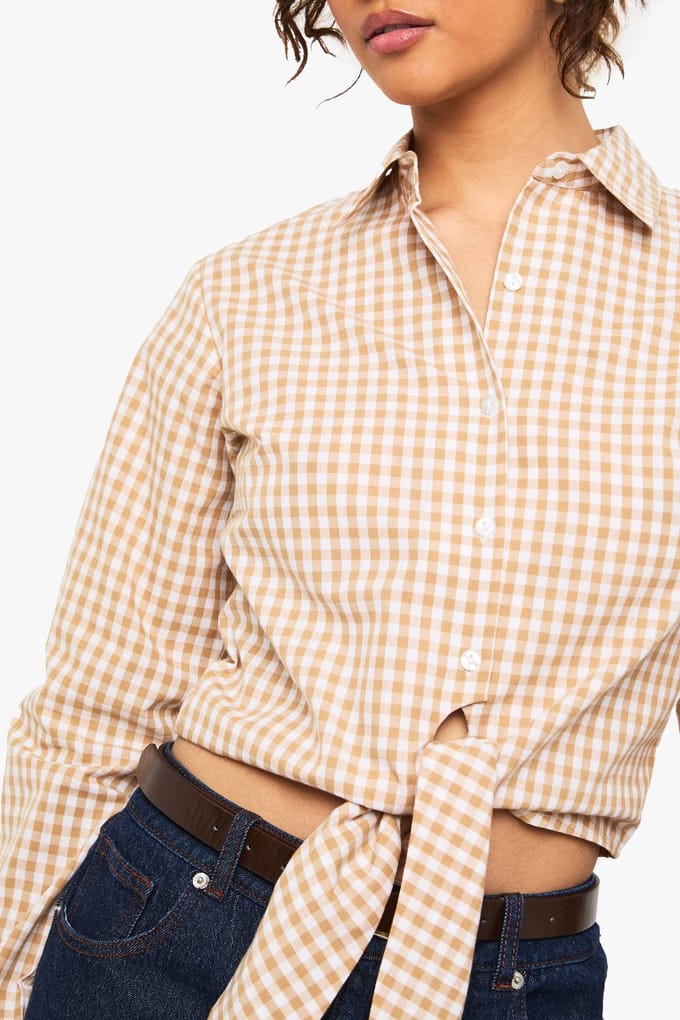 boohoo Dames Gingham Tie Front Shirt | Brown | Maat: 8