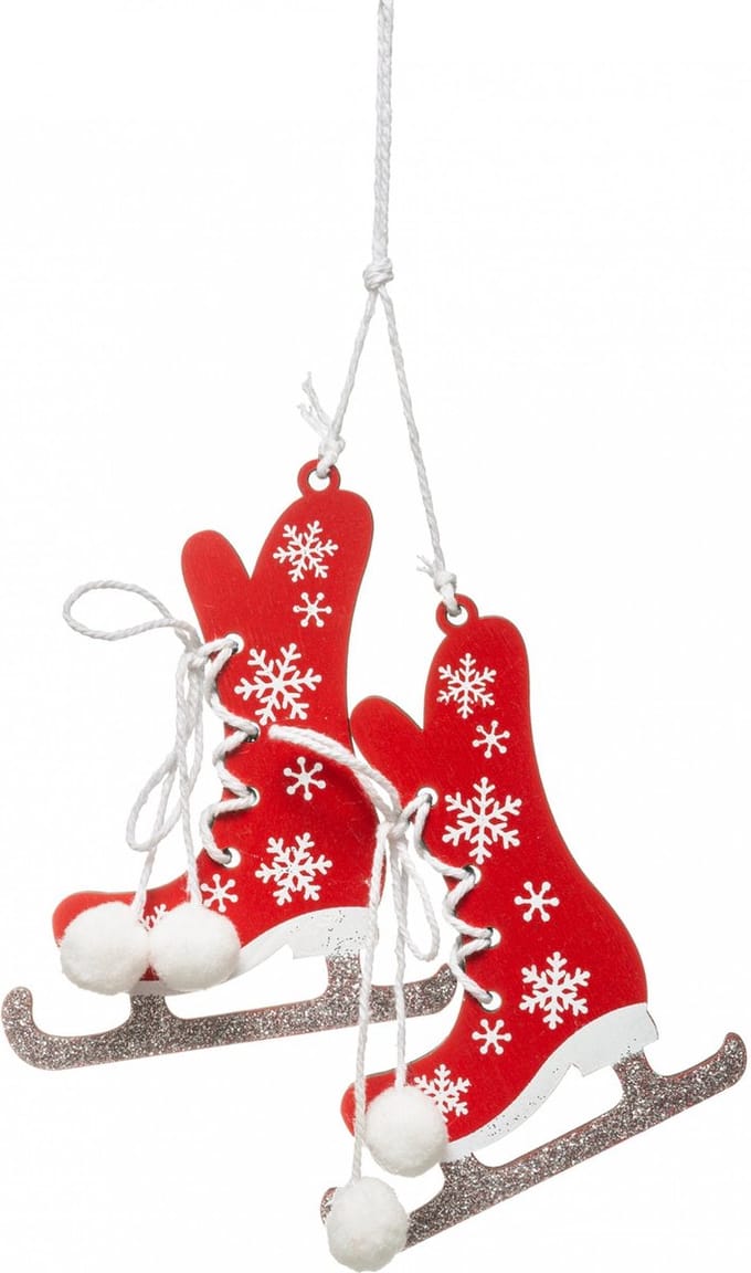 JJA - Houten Ophanging Schaatsen rood en wit 10 cm met pompons