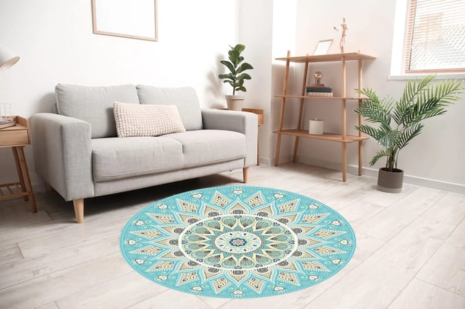 Vinyl | Vloerkleed vinyl rond | Mandala aqua | 120 cm Rond