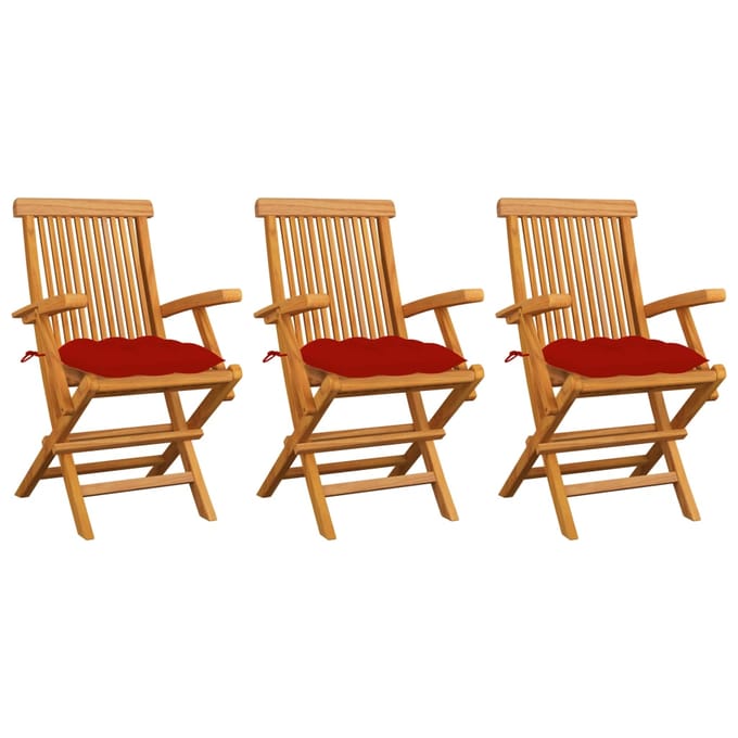 vidaXL - Klapstoelen - met - rode - kussens, - 3 - stuks, - massief - teakhout