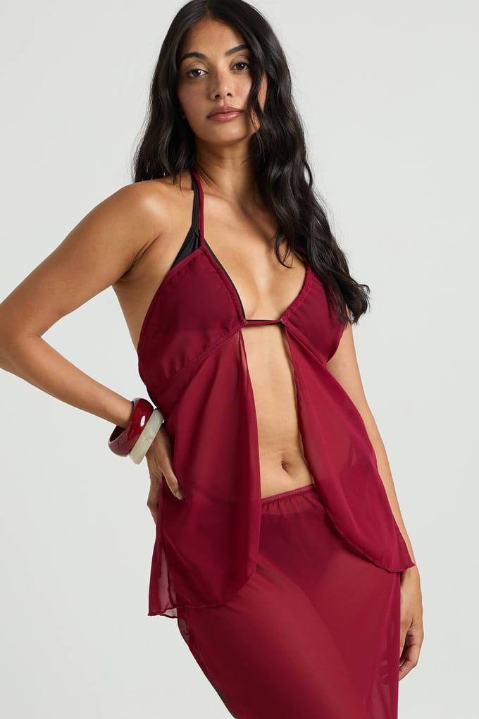 boohoo Dames Haltertop En Maxi Rok Co-ord | Bordeaux Rood | Maat: 44