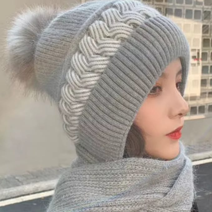 BRD® Winter | 2-in-1 Gebreide Muts en Sjaal grijs dik met pompon