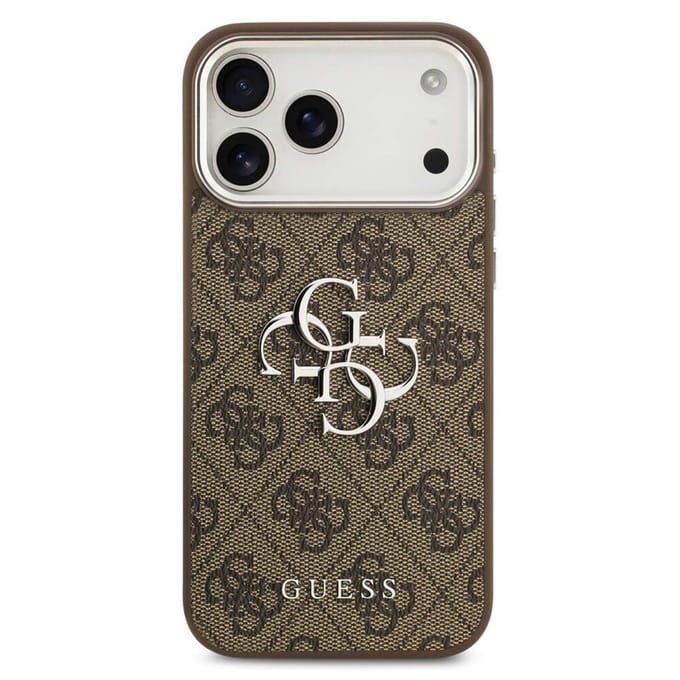 Guess 4G Metal Logo Backcover voor de Apple iPhone 17 Pro - Silver Edge - Brown