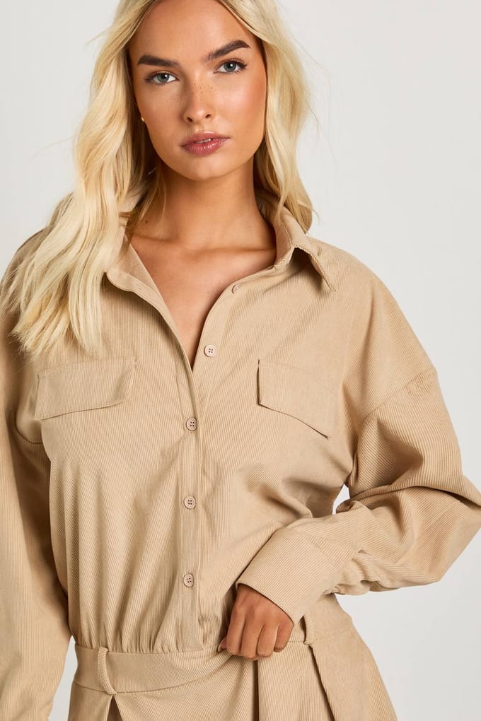 boohoo Dames Cord Blouson Shirt Mini-jurk | Stone | Maat: 8