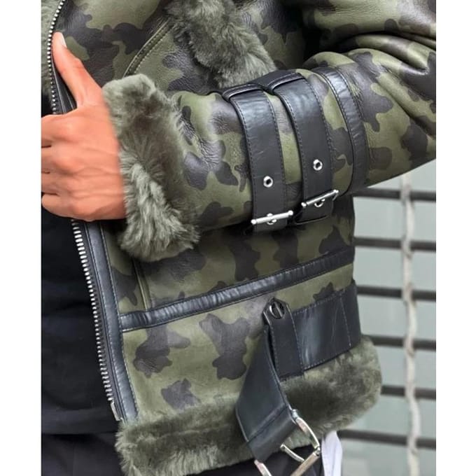 Camouflage Groot Haar Dubbele Nek Riemgesp Heren Leren Jas L gray