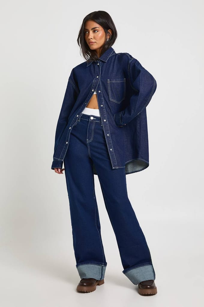 boohoo Dames Oversized Denim Shirt | Indigo | Maat: 6
