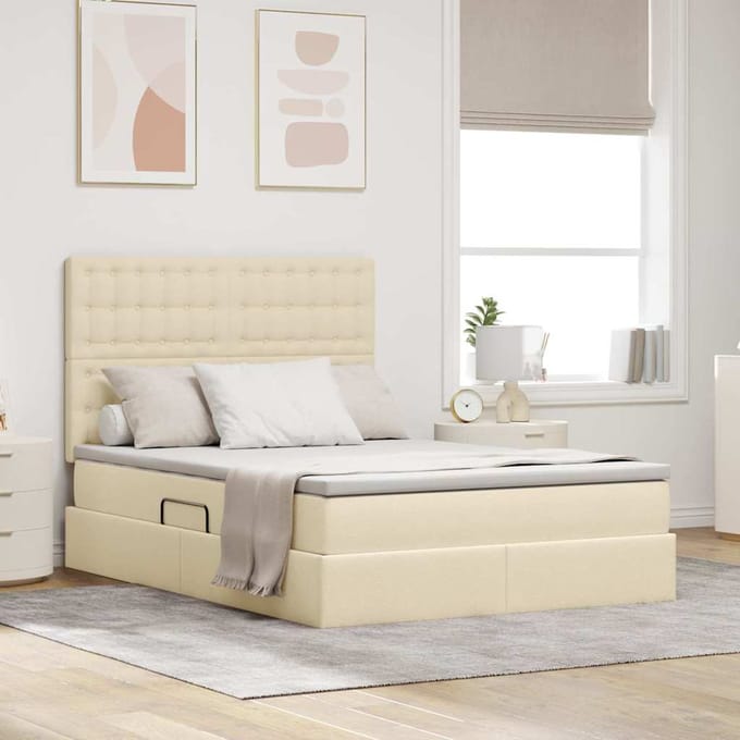 vidaXL - LED - opbergbed - met - matras - Crème - 140 - x - 200 - cm - Stof