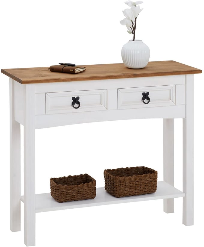 Mexicaanse consoletafel CAMPO van massief hout met 2 lades - wit