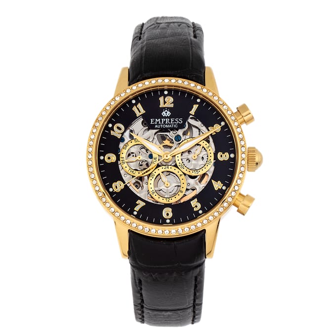Empress Beatrice automatisch skelet wijzerplaat horloge met lederen band met dag/datum