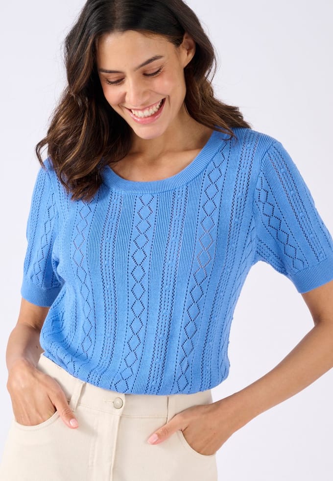 Damart - Pull zuiver katoen, jacquardtricot met ajour - Dames - Blauw - M