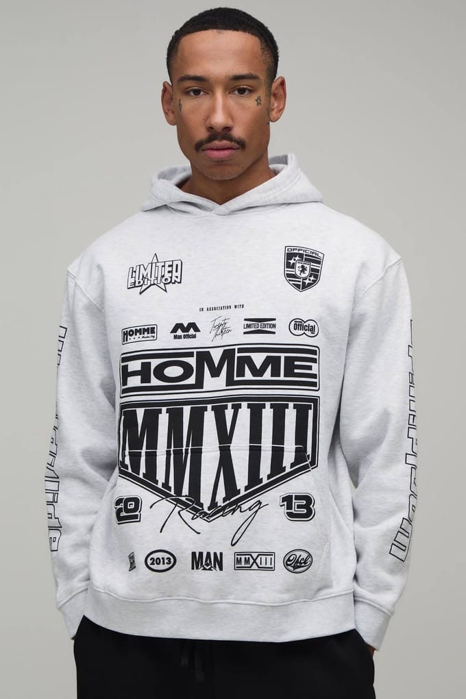 Grijsgemêleerde Oversized Hoodie Met Moto-wapen Print | Grey Marl | Size Large