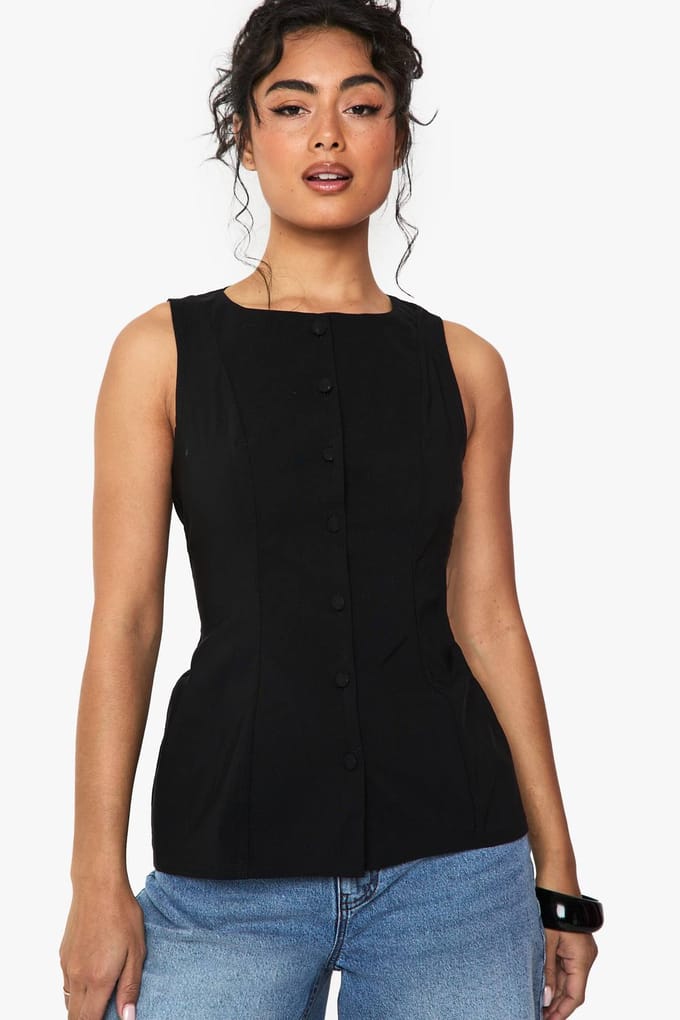 boohoo Dames Bengaline Button Through Longline Weste | Black | Maat: 6