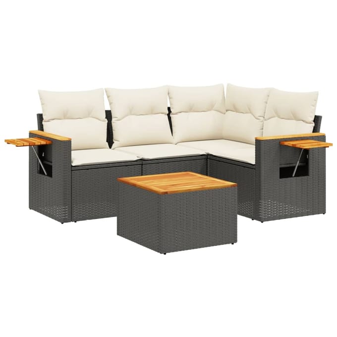 vidaXL - 5-delige - Loungeset - met - kussens - poly - rattan - zwart