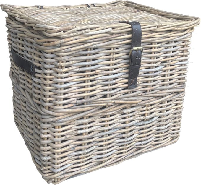 Opbergmand Lederen Riem - 40x33xH36 cm - Rieten Mand Met Deksel