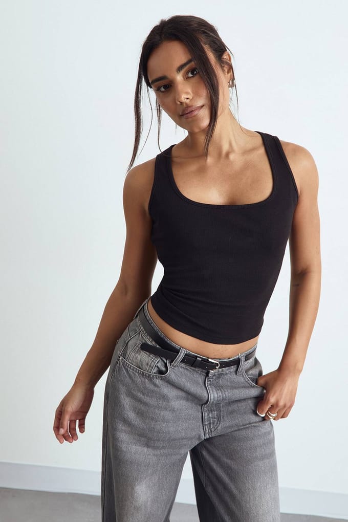 boohoo Dames Geribbeld tanktop | Zwart | Maat: 34