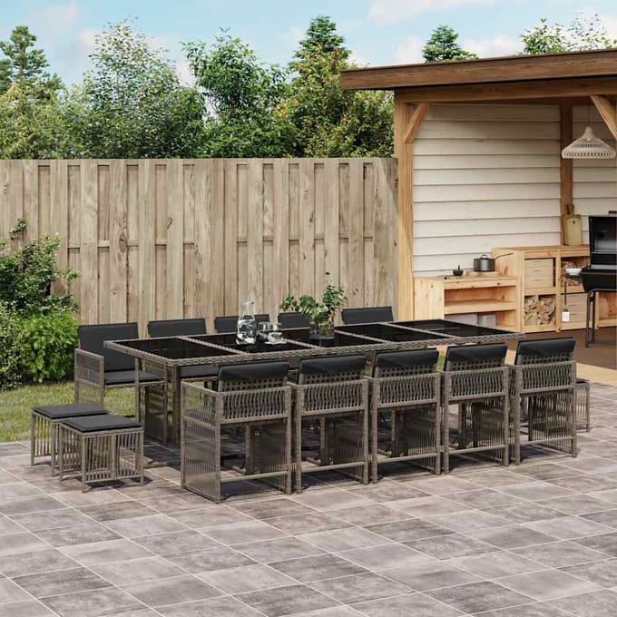 vidaXL - 15-delige - Tuinset - met - kussens - poly - rattan - grijs