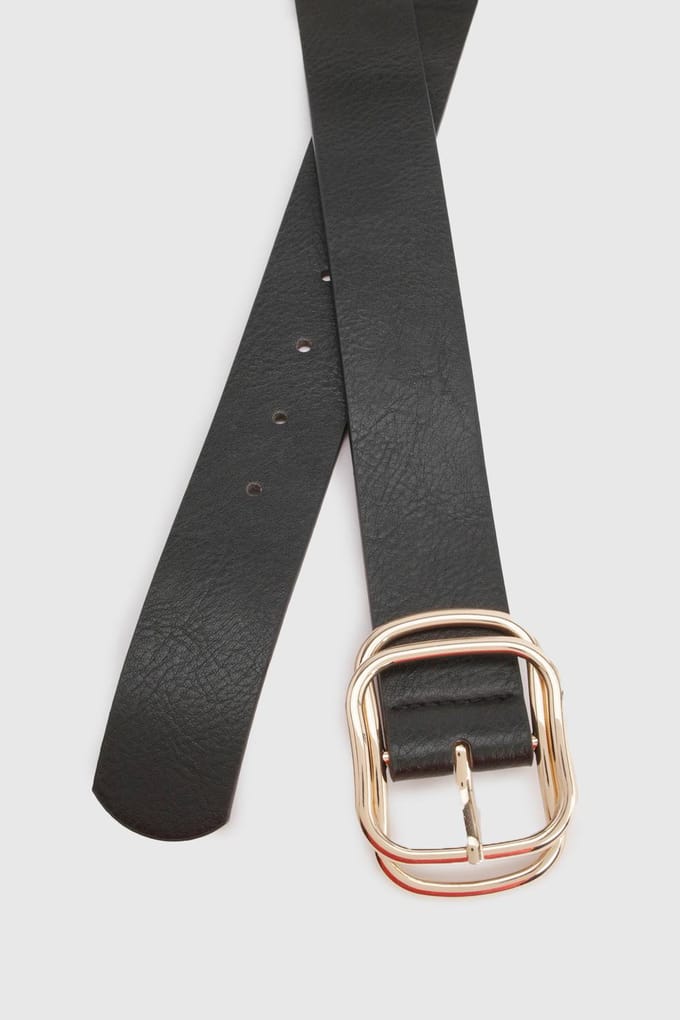 boohoo Dames Kunstleren riem met dubbele gespdetails | Zwart | Maat: Small/Medium