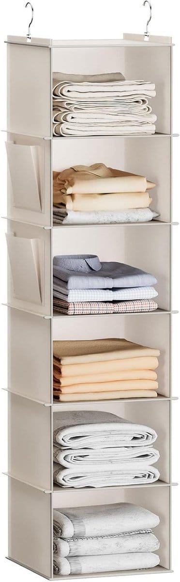 Hanging Closet Organizer met 6 Planken en Zijvakken voor Efficiënte Opberging in Beige