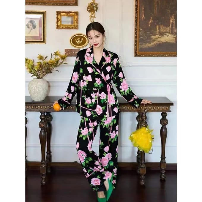 2-delige damespyjama met print Lange mouwen Elastische taillebroek Dames set Casual pyjama XL