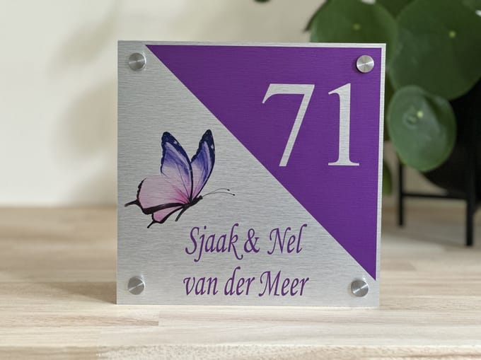 Naambordje / huisnummer voordeur gekleurde vlinder rvs look