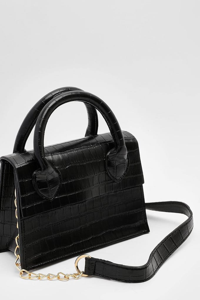boohoo Dames Patent Croc Crossbody Tas | Black