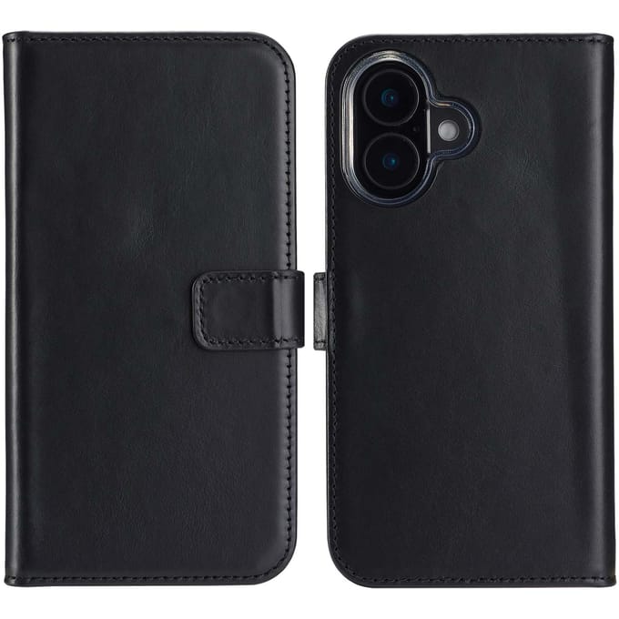 Selencia Hoesje - Geschikt voor Apple iPhone 16 - Echt Lederen Bookcase - Zwart