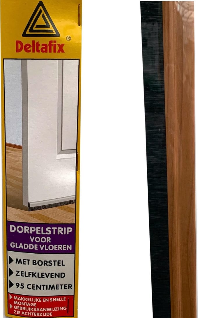 Deltafix. Deur tocht dorpel strip. voor gladde vloeren zelfklevend met borstel 95 cm eiken
