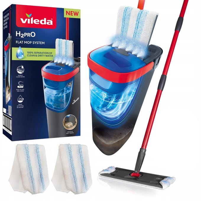 Vileda H2Pro Flatmop Systeem met 2 navullingen - twee reservoirs - 2 microvezelopzetstukken