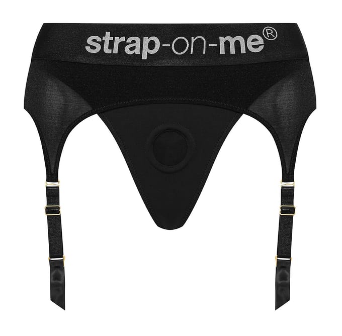 Strap-On-Me - Comfortabel Strap-on Voorbinddildo Harnas Van Microfiber Met Jarretels - Rebel - Zwart M