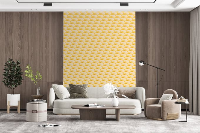 Behang - Fotobehang Art Deco - Design - Schelp - Geel - Breedte 160 cm x hoogte 220 cm