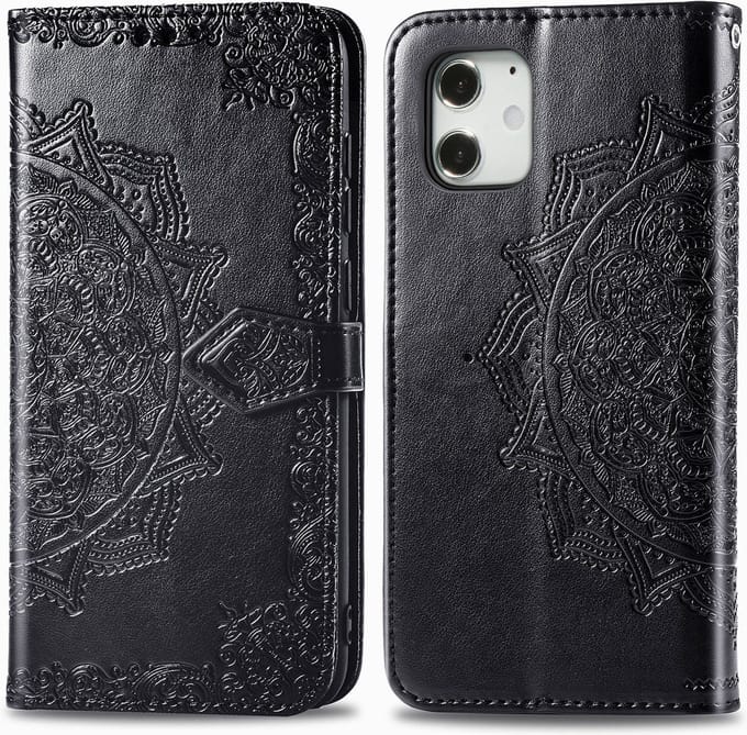 Bookcase geschikt voor Apple iPhone 12 Mini - Zwart - Bloemen - Portemonnee Hoesje