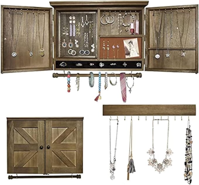 Sieraden Organizer - Wandrek Hanger - Sieraden Opbergen - Rustieke Deur Decor - 5 Compartimenten - Houtkleur