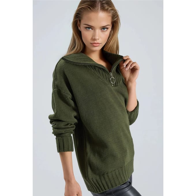 Oversized Geribde Gebreide Trui met Ritskraag