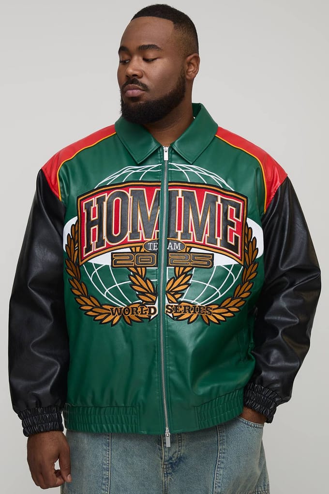 Plus Oversized Fit Homme Applique PU Collared Bomber Jacket | Forest | Size 2XL