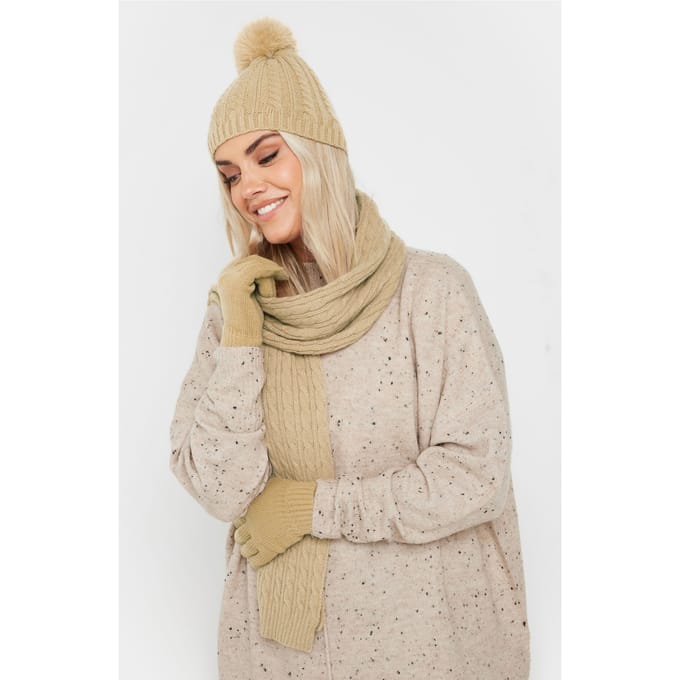 Yours Beige Bruine Kabelgebreide Muts, Handschoenen En Sjaalsetsize One Size