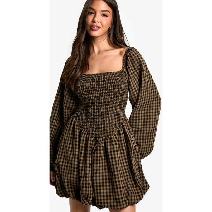 boohoo Dames Check Shirred Long Sleeve Puff Sleeve Mini Dress | Bruin | Maat: 40