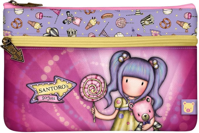 Platte Etui met 2 Vakken, Roze Fairground Design, Formaat 23 x 15,5 cm