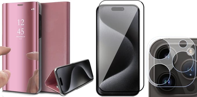 Hoesje geschikt voor iPhone 15 Pro Max - Screenprotector FullGuard & Camera Lens Screen Protector - Book Case Spiegel Roségoud
