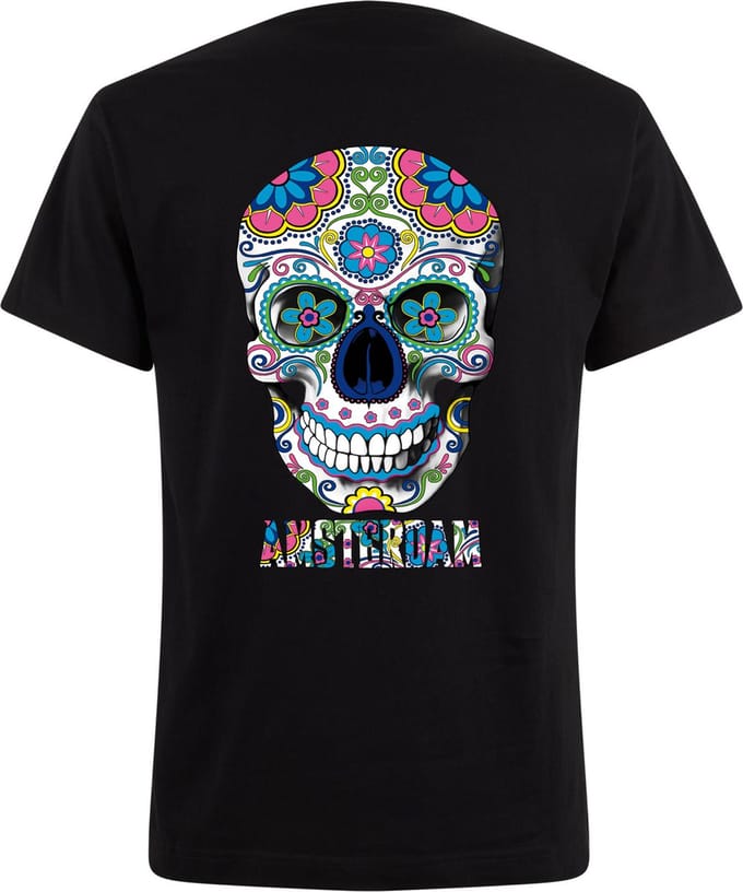T-shirt heren - Zwart Neon Tshirt Skull Tatoo Amsterdam M- day of the dead - dag van de doden -