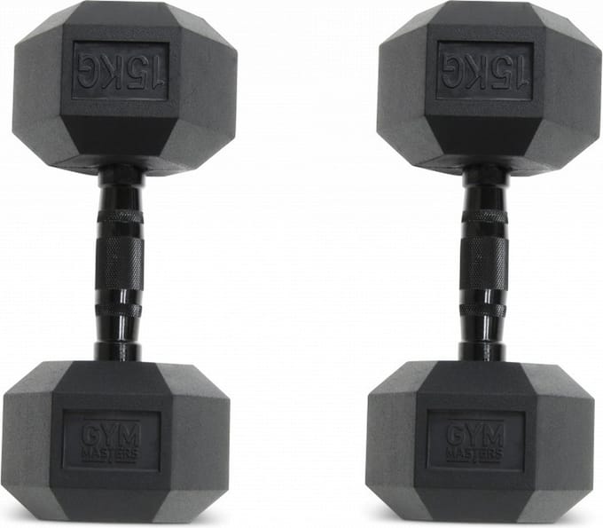 Gym Masters Dumbbells 15 kg Set (2 stuks) – Hexagon Rubber Dumbbells – Zwart