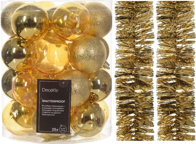 Kerstversiering set - goud - kerstballen 6 cm en kerstslingers - kunststof