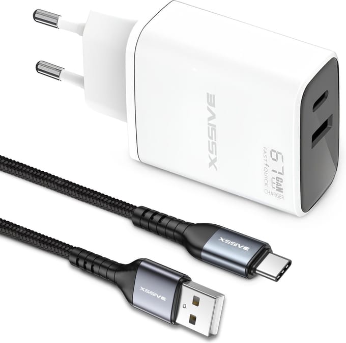 Snellader - Auto Disconnect - 1 Meter - 67W USB C Power Adapter met USB-A naar USB-C Kabel - 2 Poorten Oplaadstekker