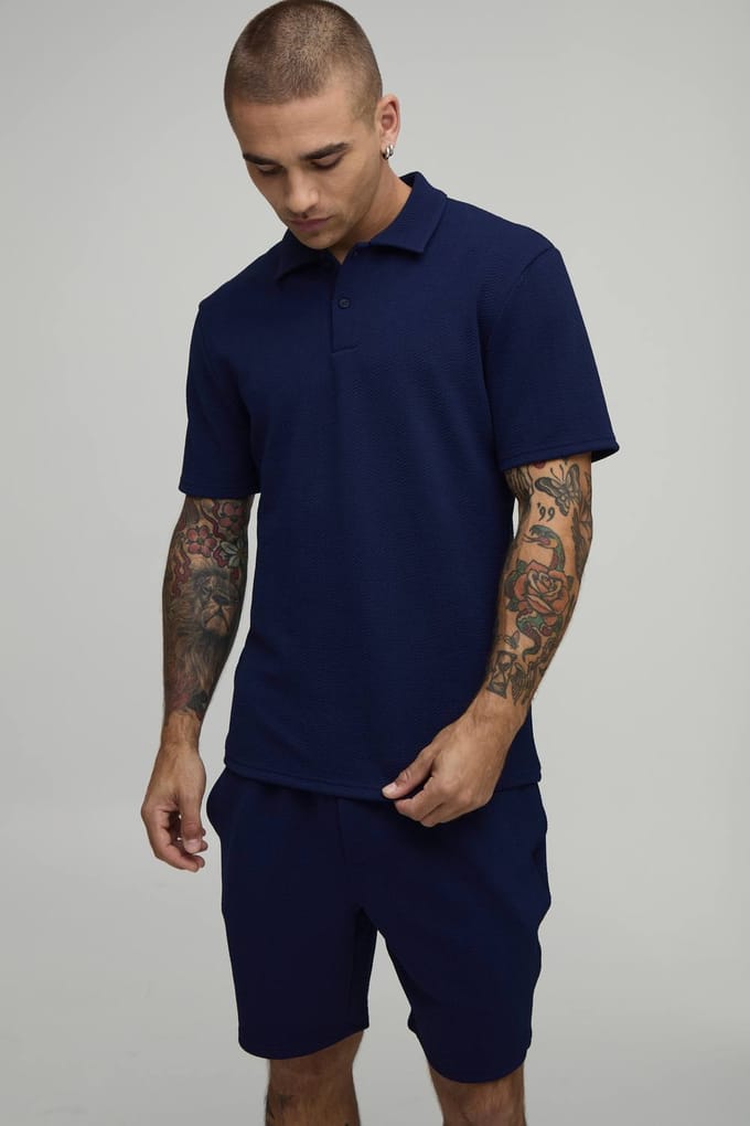 Short Sleeve Jersey Herringbone Polo Shirt & Short Set | Navy | Size Small