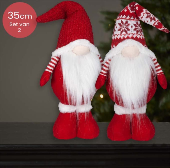 Staande rode Gnomen-duo met rood/witte muts - 35(48)cm