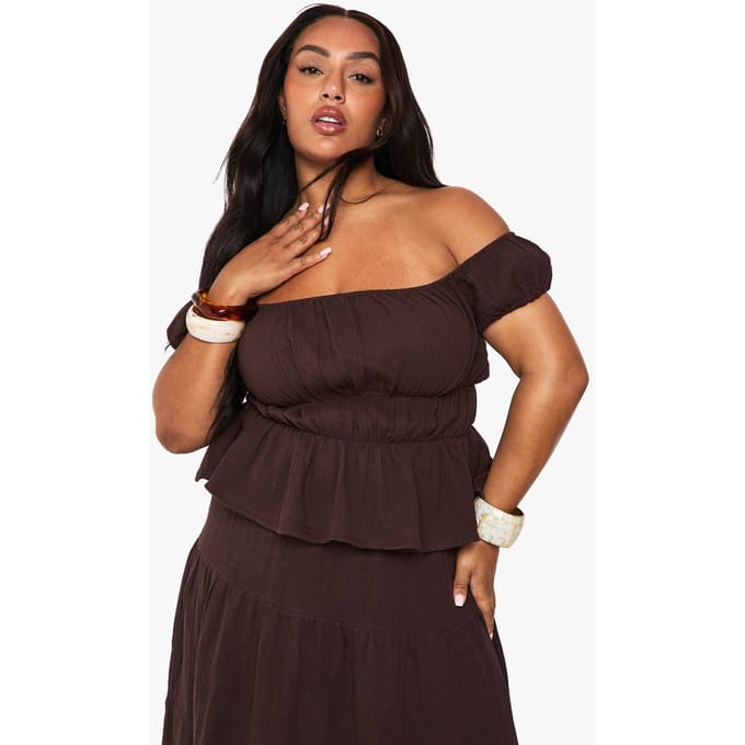 boohoo Dames Plus kaasdoek Bardot top | Chocoladebruin | Maat: 48