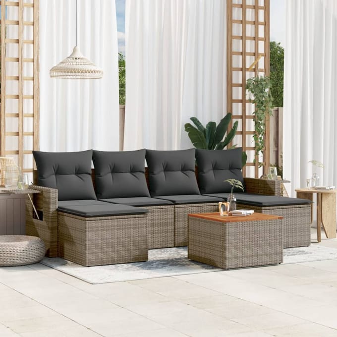 vidaXL - 7-delige - Loungeset - met - kussens - poly - rattan - grijs