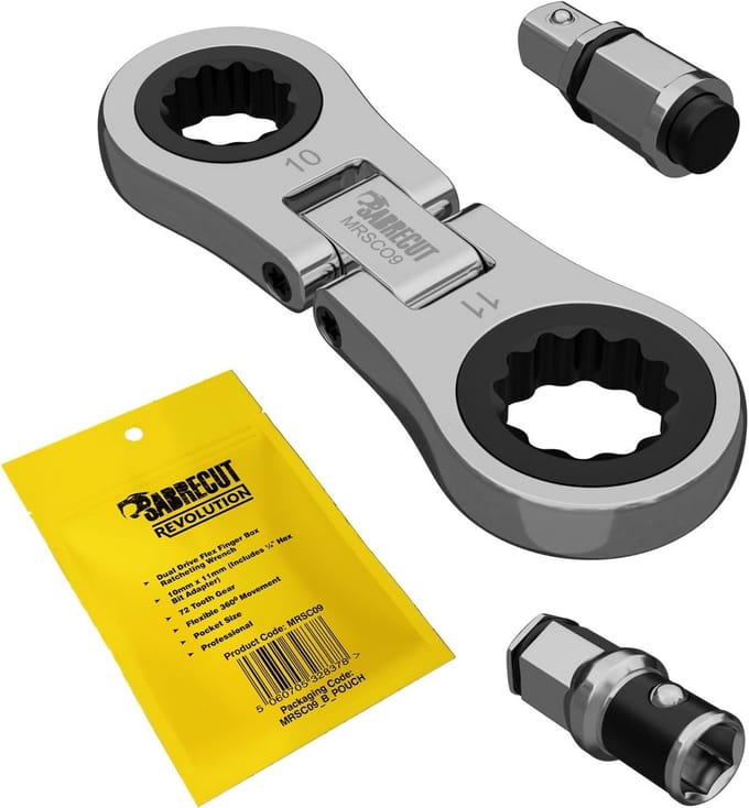 Flexibele Micro Ratelsleutel 10mm en 11mm met 1/4" Aandrijfadapters